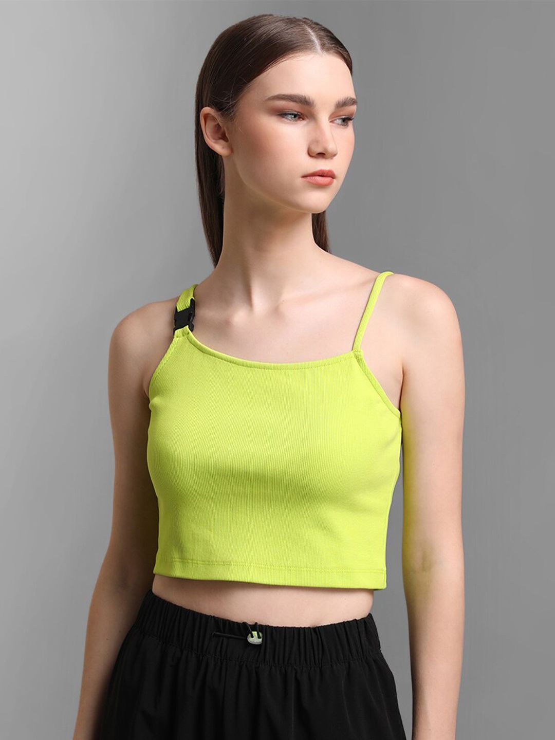 Kazo Neon Green Ribbed Pure Cotton Crop Top Price in India