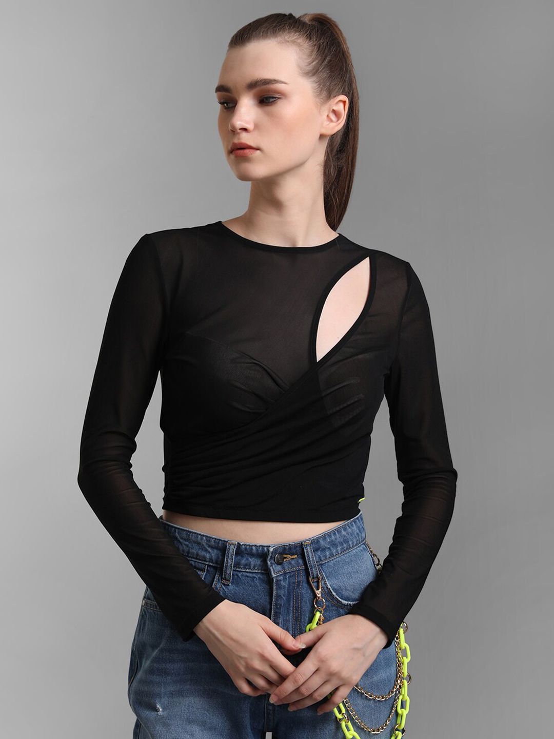 Kazo Women Black Round Neck Cut Out Crop Top Price in India