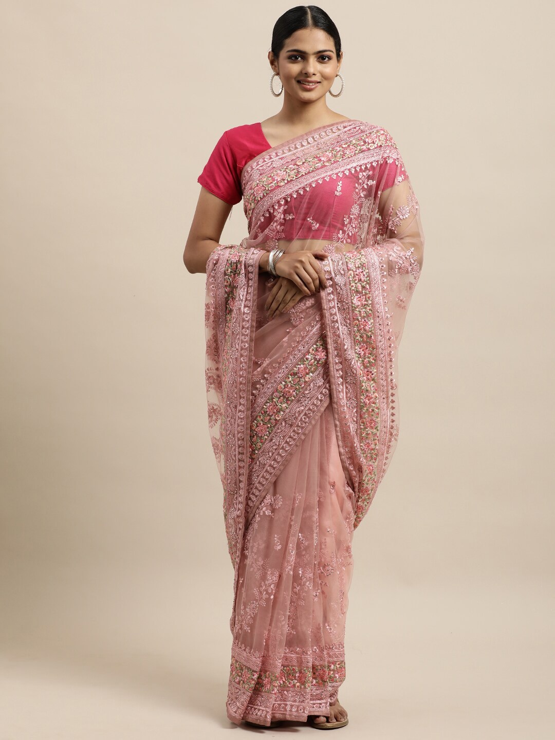 kasee Pink & Gold-Toned Floral Embroidered Net Saree Price in India