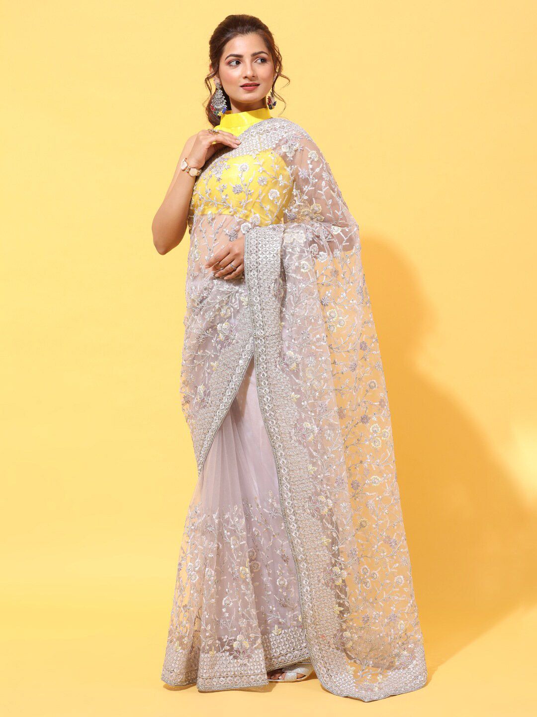 kasee Lavender & Silver-Toned Floral Embroidered Net Saree Price in India