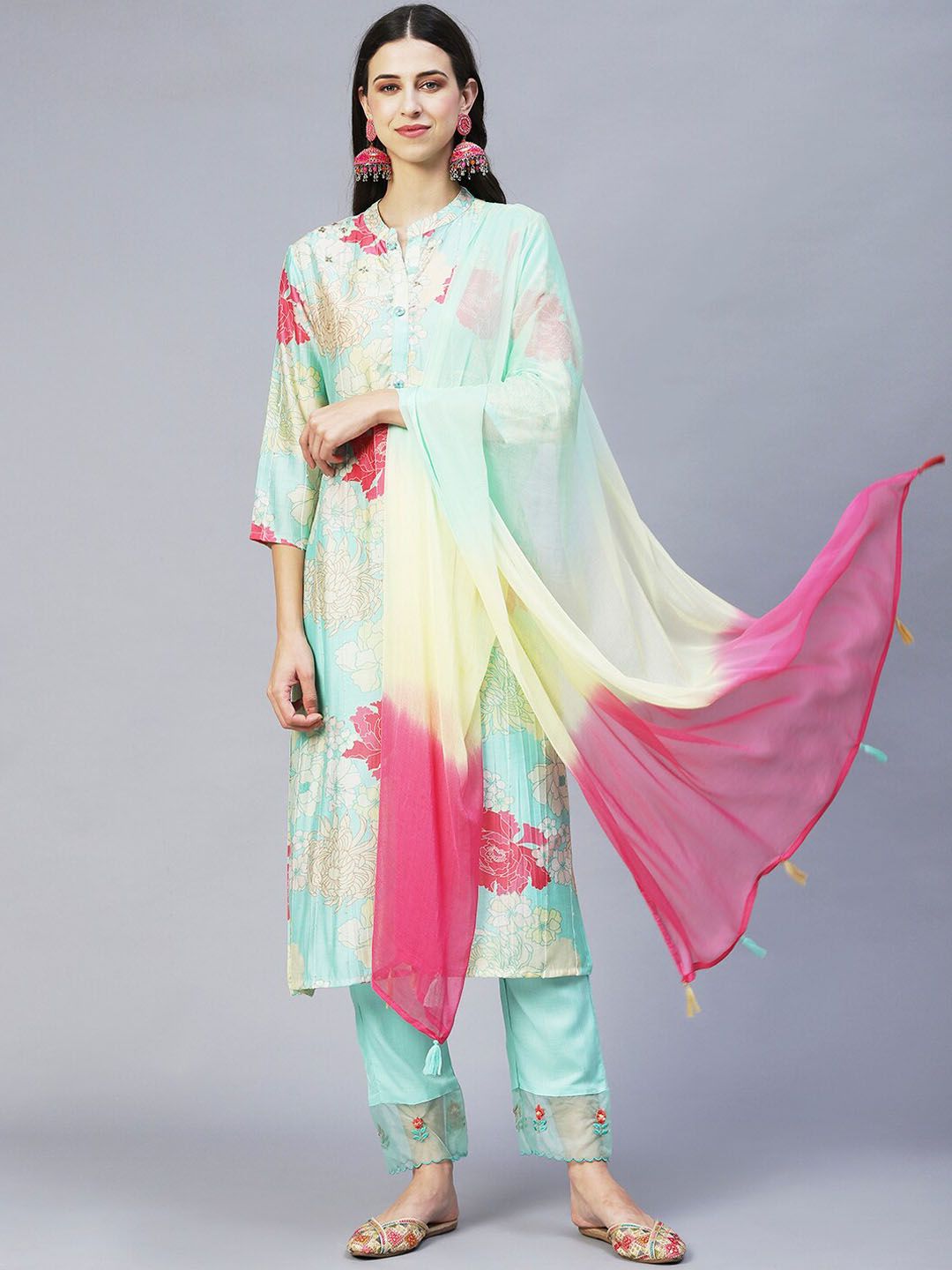 FASHOR Women Sea Green Floral Printed Sequinned Kurta with Trousers With Dupatta Price in India