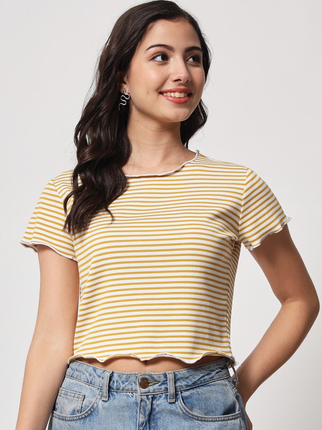 CHARMGAL Mustard Yellow Striped Organic Cotton Crop Top Price in India