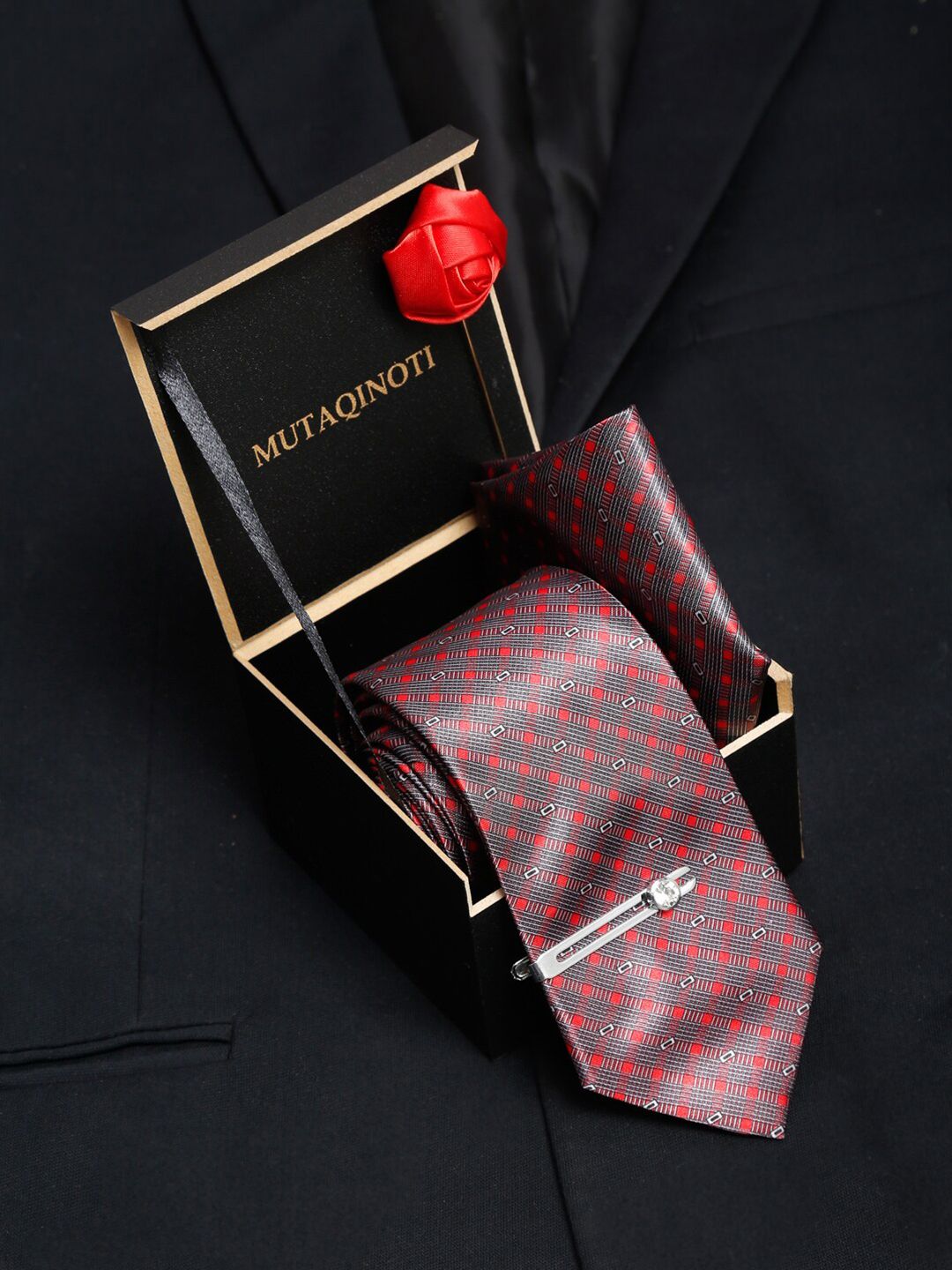 MUTAQINOTI Men Printed Silk Blend Necktie Accessory Gift Set