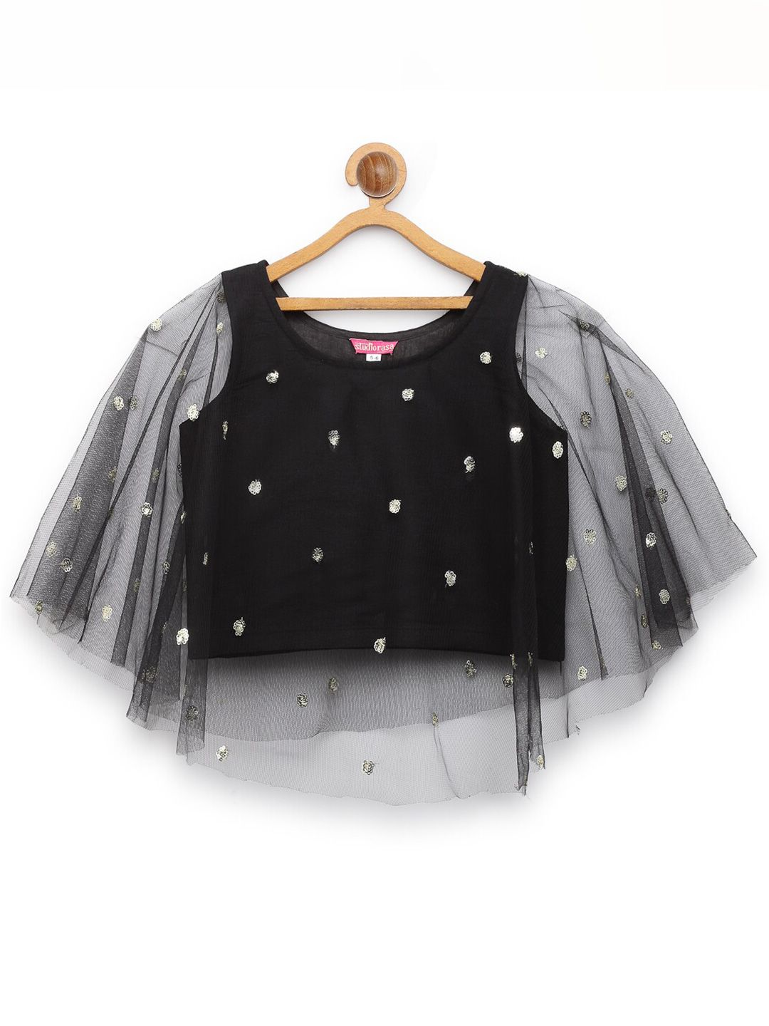 studio rasa Black Sequins Embroidered Net Cape Top
