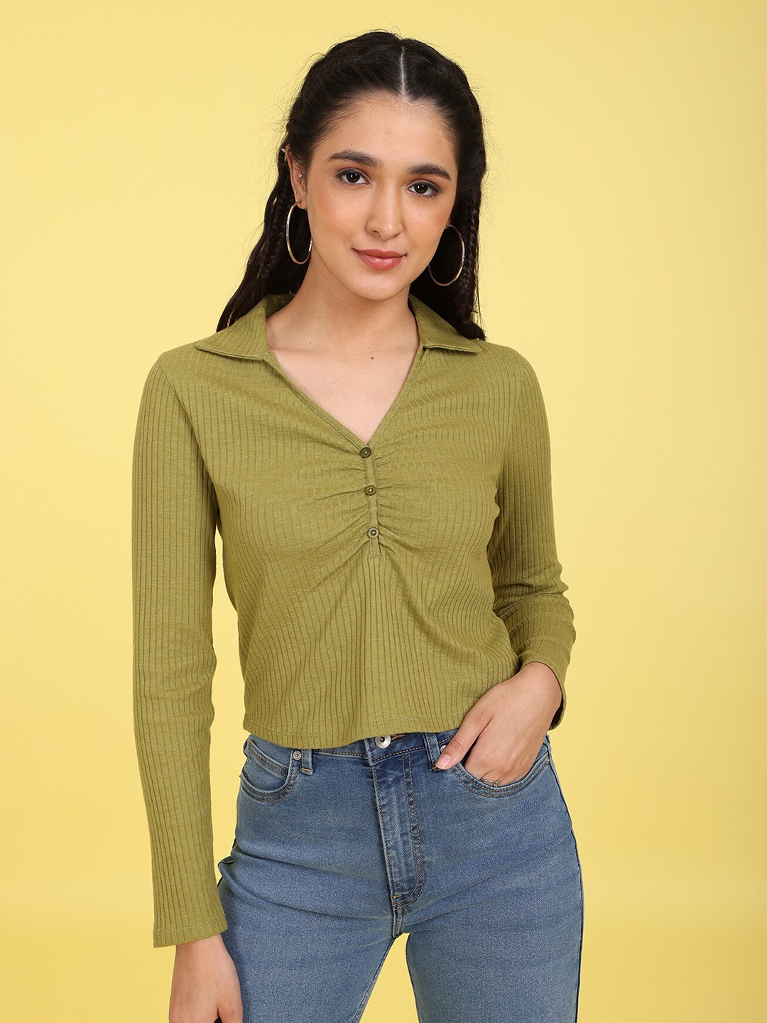 Flying Machine Women Olive Green Self Design Top Price in India