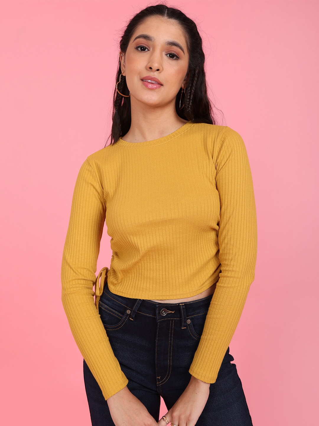 Flying Machine Women Mustard Yellow Ruched Ribbed Crop Top Price in India