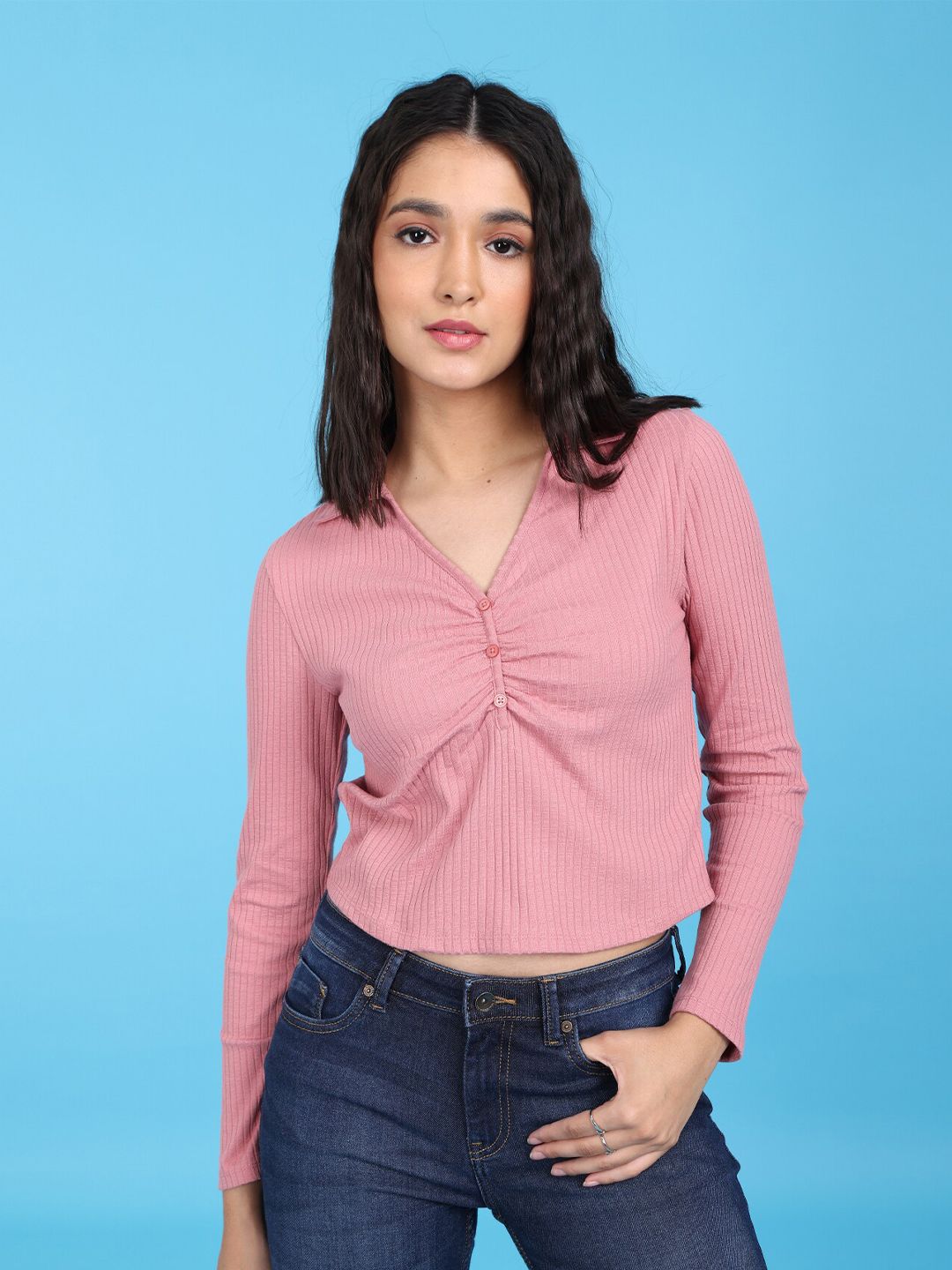 Flying Machine Pink Ribbed Top Price in India