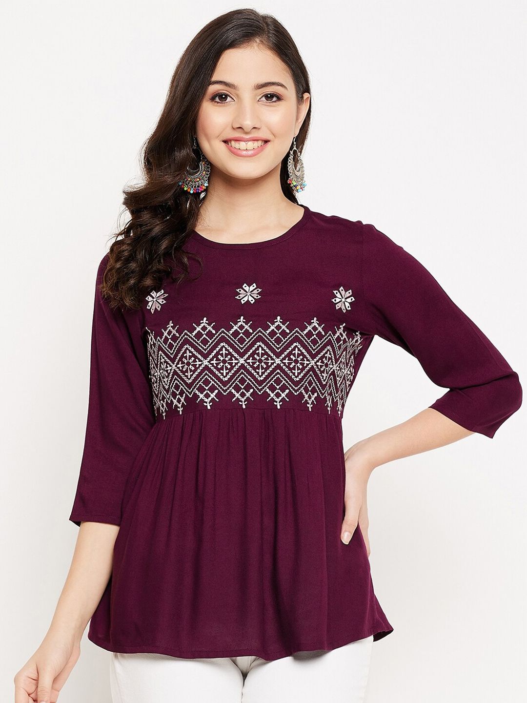 WineRed Women Maroon & White Embroidered Top Price in India