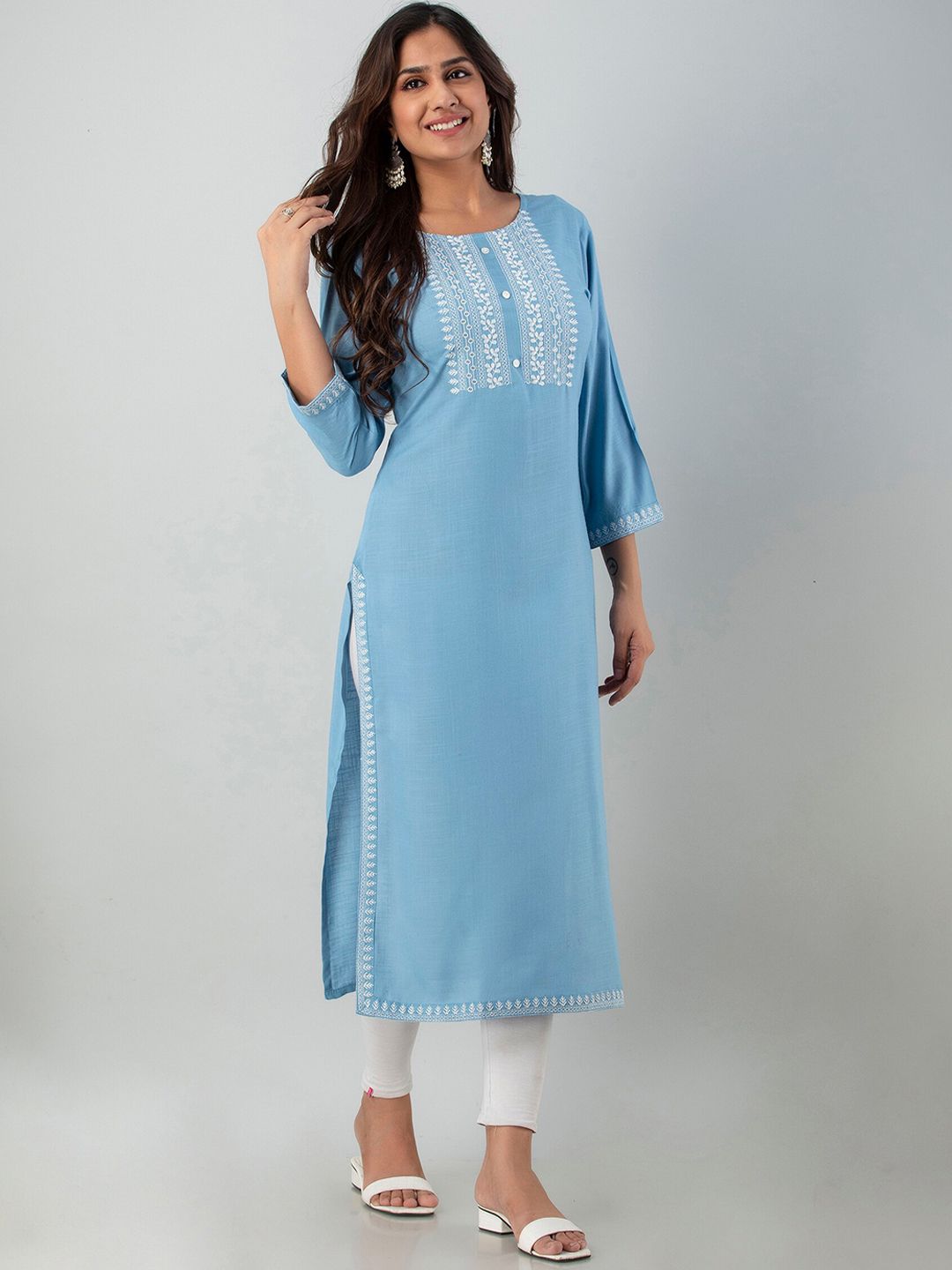 ADORRO Women Blue Yoke Design Thread Work Kurta Price in India