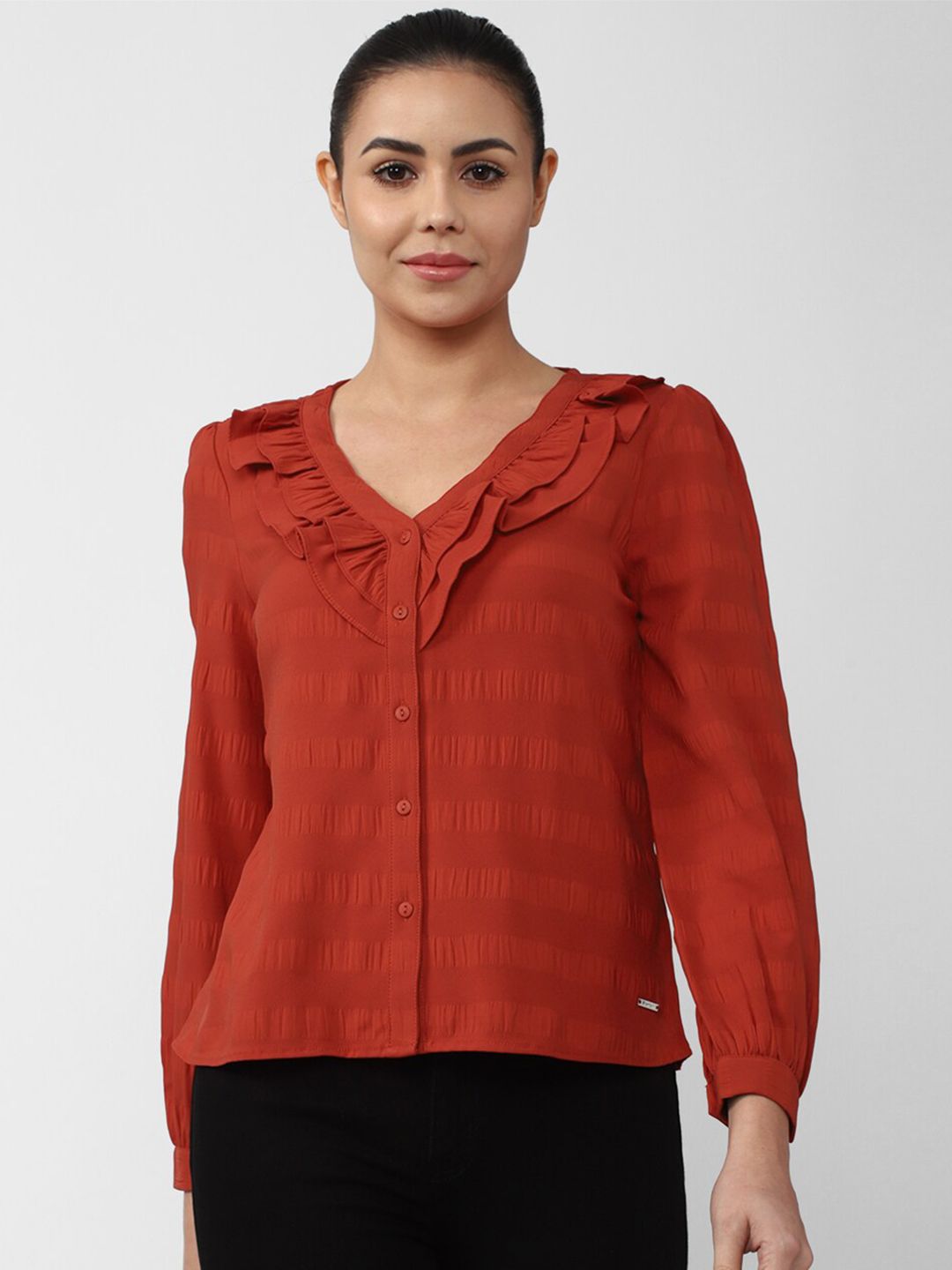 Van Heusen Woman Women Rust Ruffles Shirt Style Top Price in India