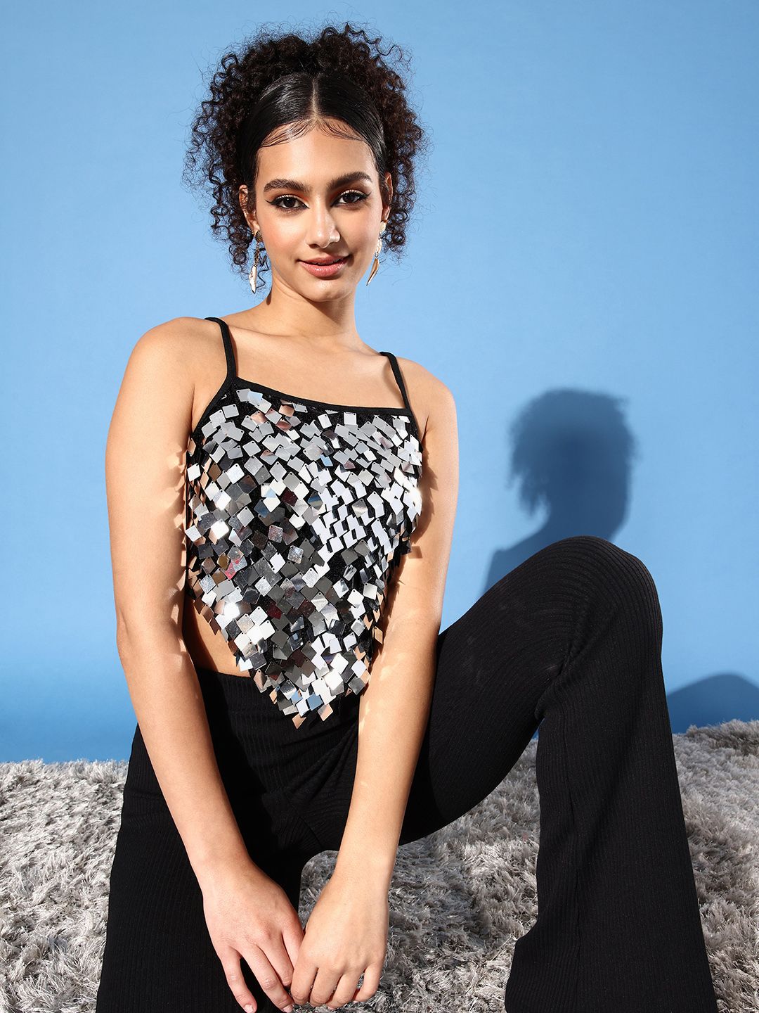 Style Quotient Black & Silver Embellished Top Price in India