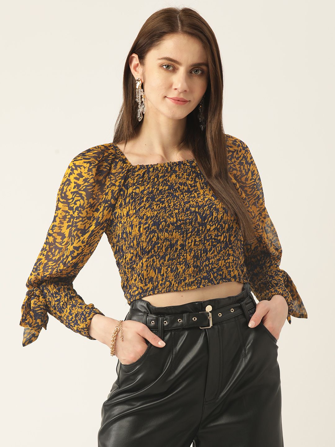 Antheaa Women Navy Blue & Mustard Yellow Abstract Print Bishop Sleeves Smocked Crop Top Price in India