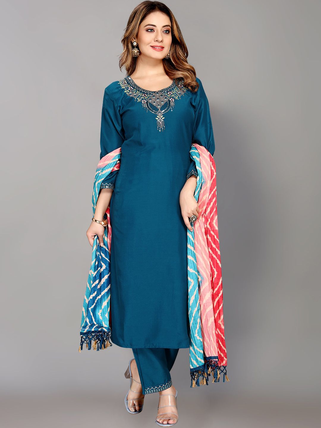 Mclothings Women Blue Embroidered Kurta with Trousers & With Dupatta Price in India