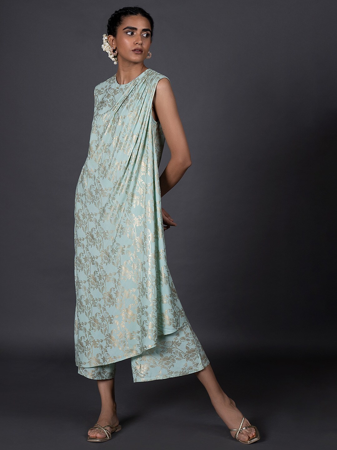 W Green & Gold-Toned Printed Basic Jumpsuit with Layered Price in India