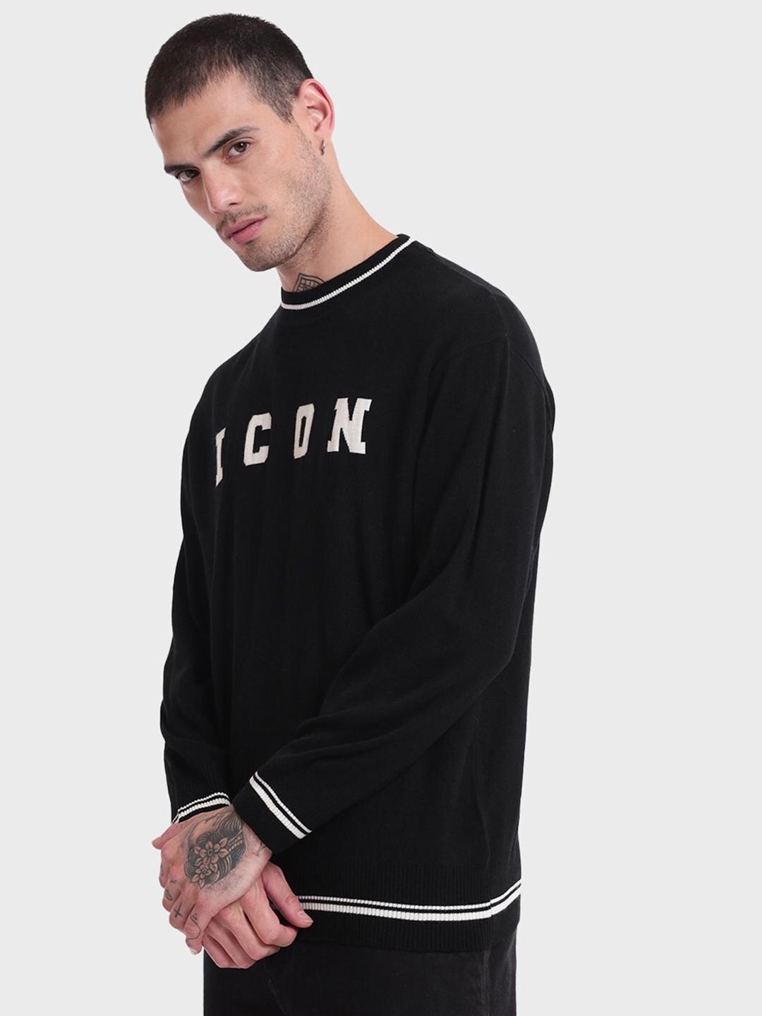 Bewakoof Men Jet Black ICON Typography Oversized Sweater