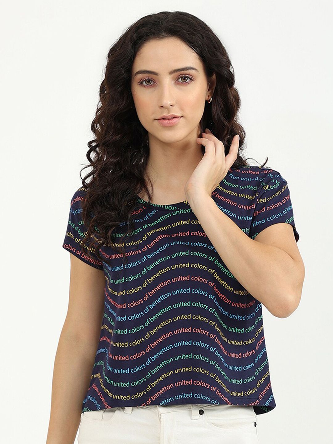 United Colors of Benetton Women Navy Blue Printed Top Price in India