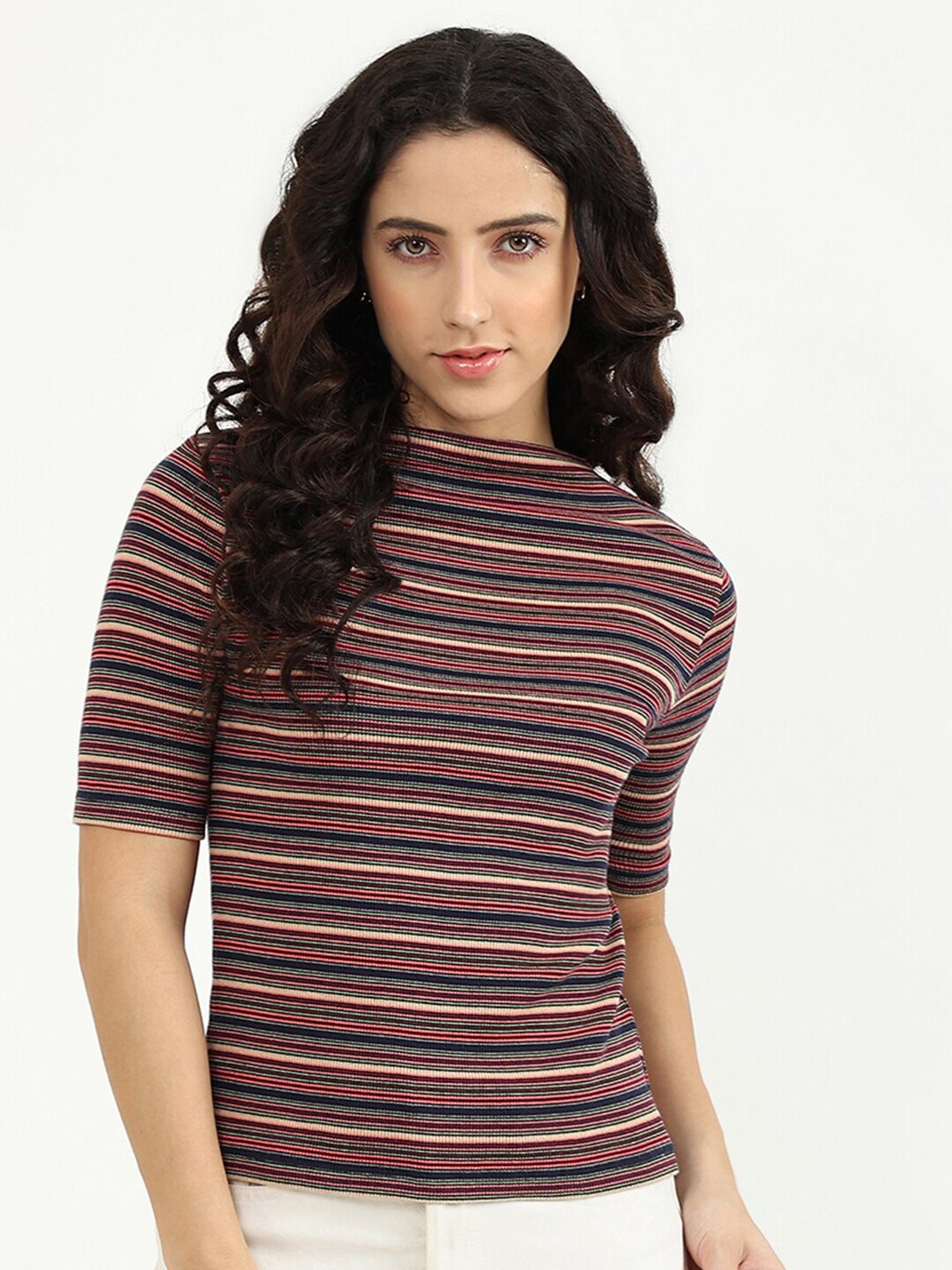 United Colors of Benetton Maroon & Mustard Yellow Boat Neck Stripe Top Price in India