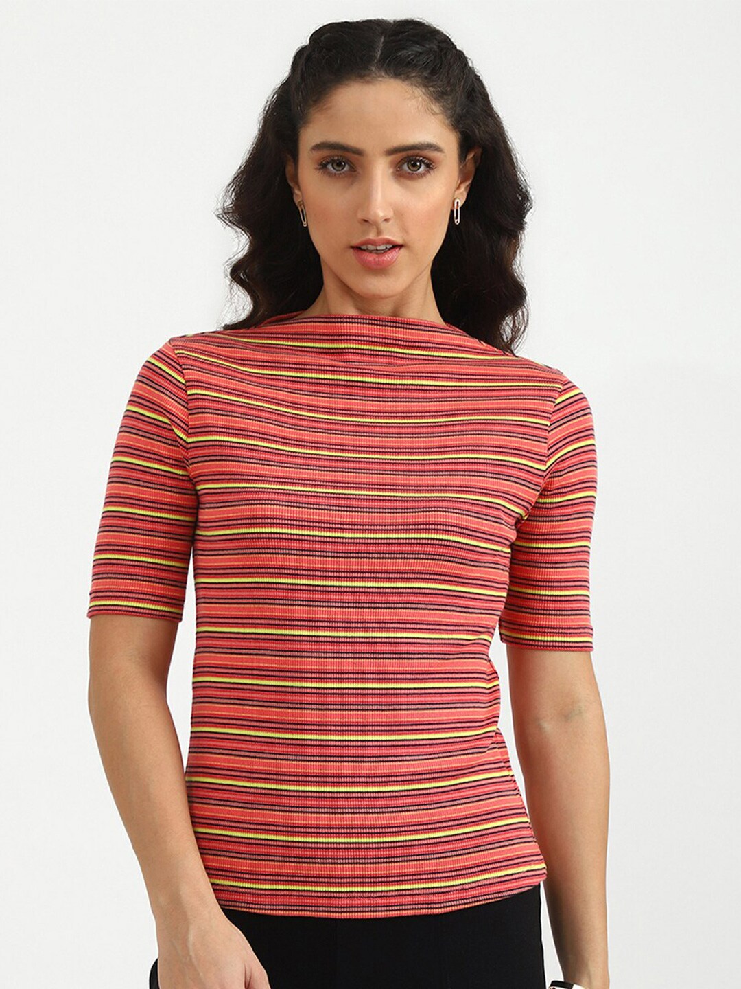 United Colors of Benetton Women Pink & Yellow Pure Cotton Boat Neck Striped Top Price in India