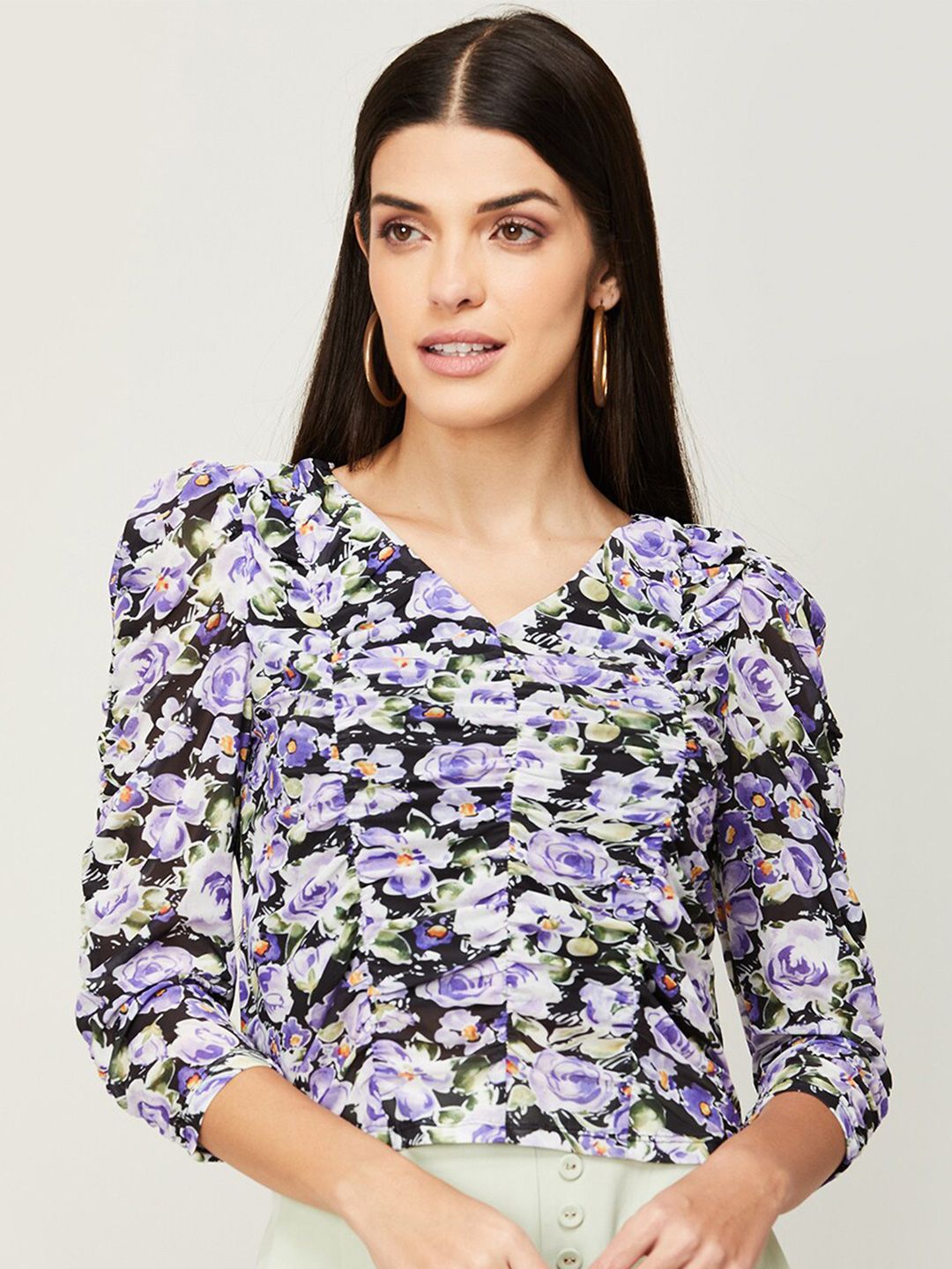 Ginger by Lifestyle Lavender & Black Floral Printed Ruched Top Price in India