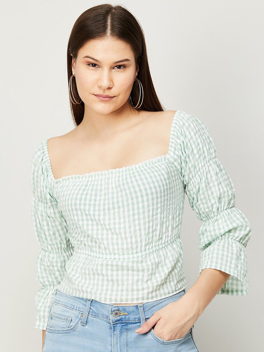 Ginger by Lifestyle Women Green & White Checked Top Price in India