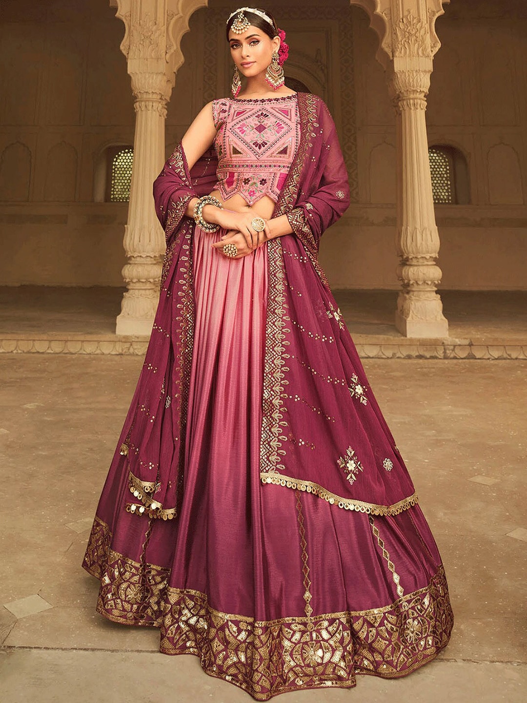 ODETTE Pink Sequinned Semi-Stitched Lehenga & Unstitched Blouse With Dupatta Price in India
