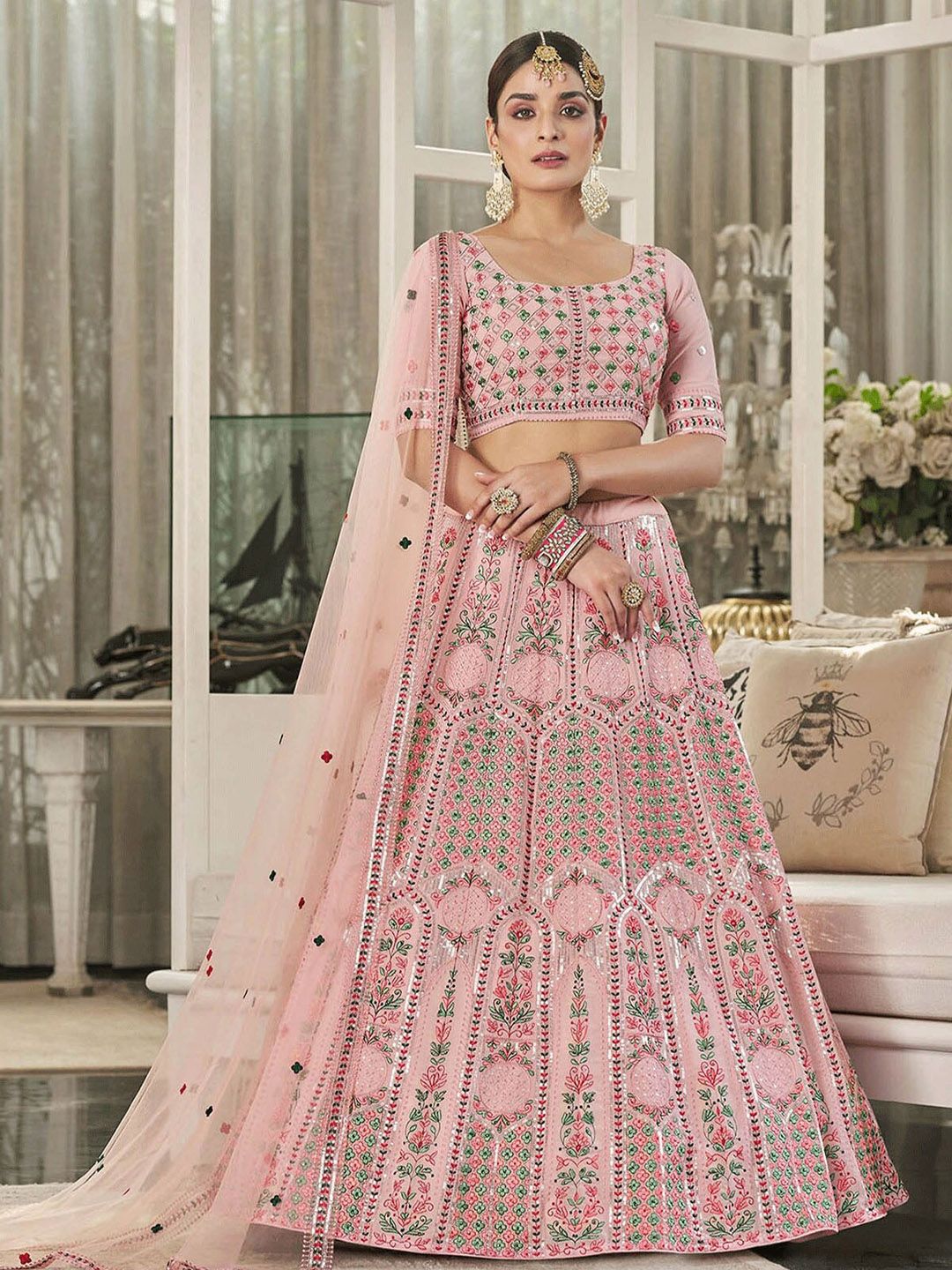 ODETTE Pink Embellished Thread Work Semi-Stitched Lehenga & Unstitched Blouse With Dupatta Price in India