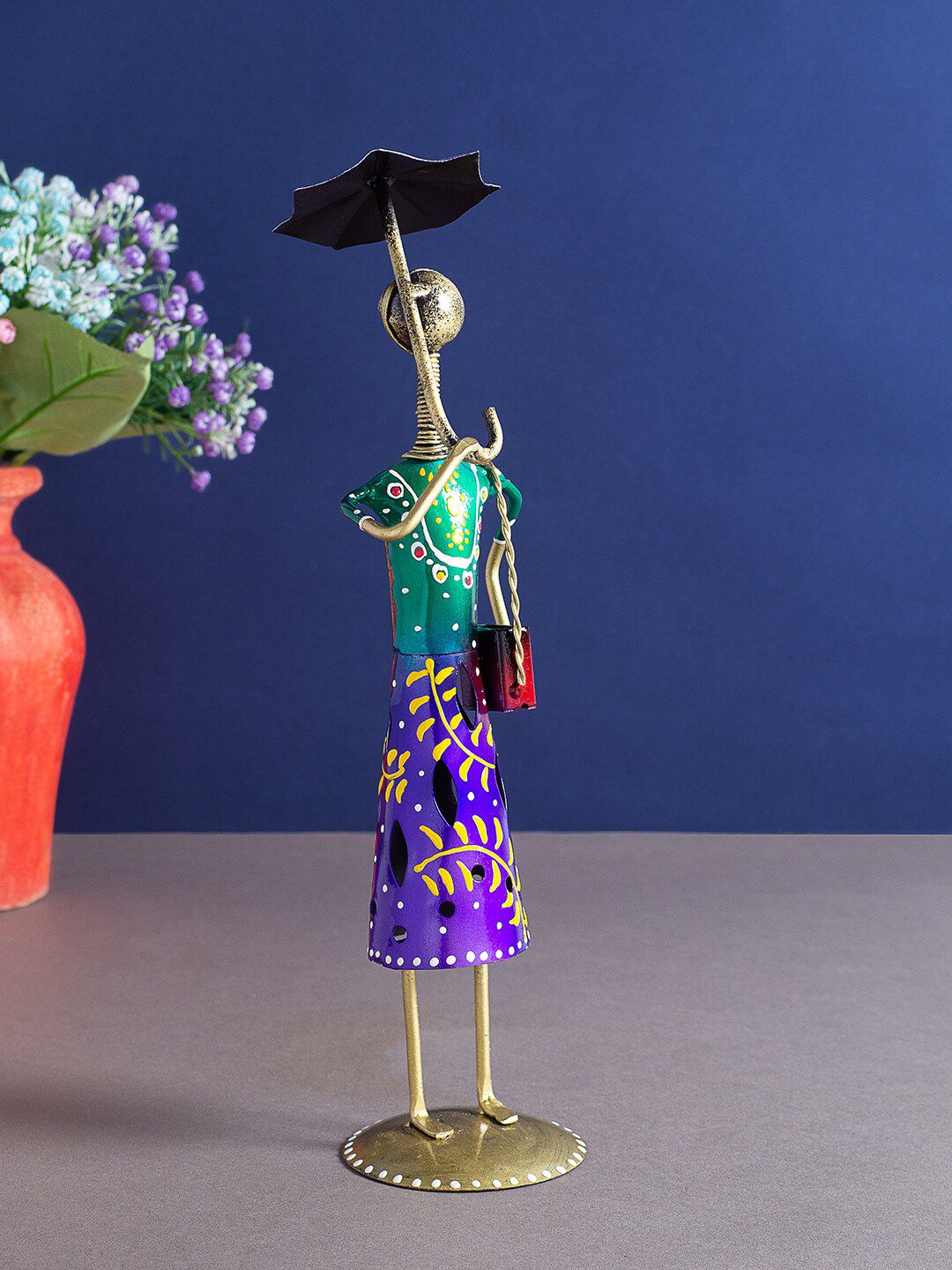 Golden Peacock Green Printed Lady With Umbrella Showpiece Price in India