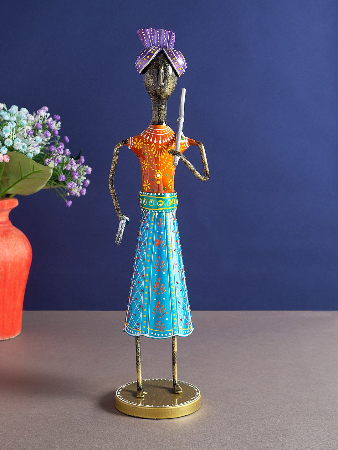 Golden Peacock Blue,Orange & Metallic-Toned Showpieces Printed Figurine Showpiece Price in India