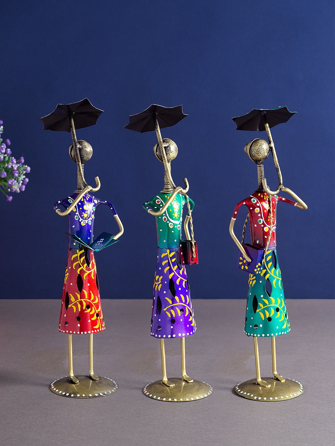 Golden Peacock Set of 3 Blue & Green Hand-Painted Lady With Umbrella Showpiece Price in India