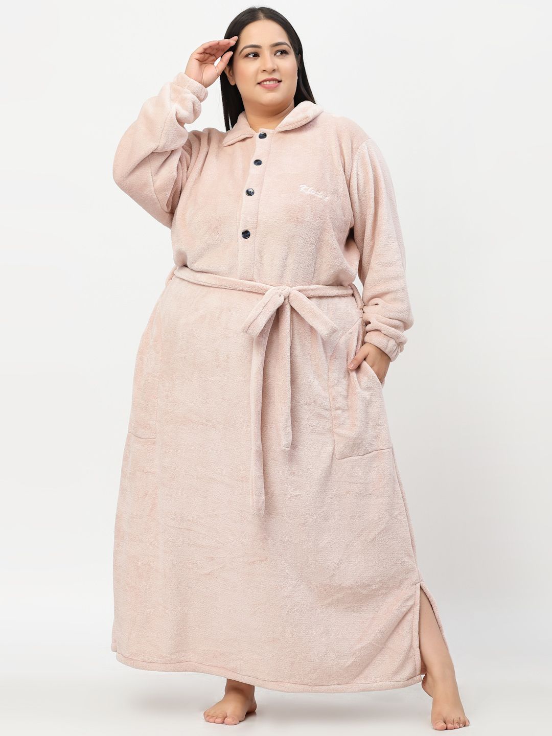 KLOTTHE Women Plus Size Woolen Solid Bath Robe With Belt