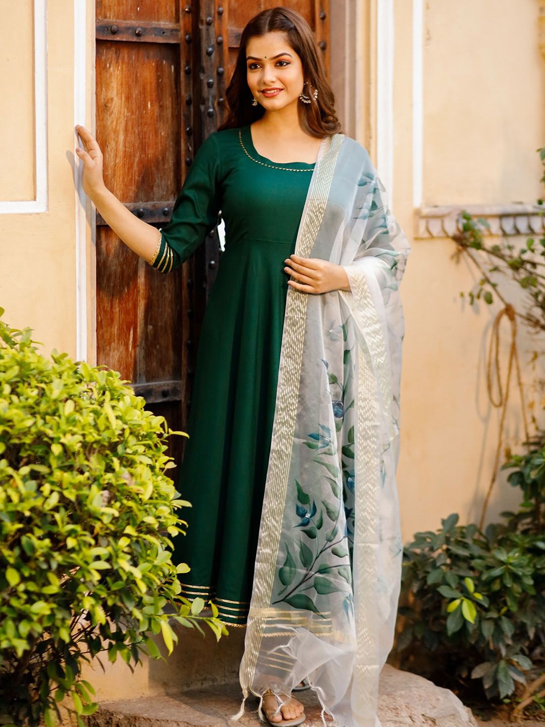 PHEETA Women Green Empire Kurta with Trousers & With Dupatta Price in India
