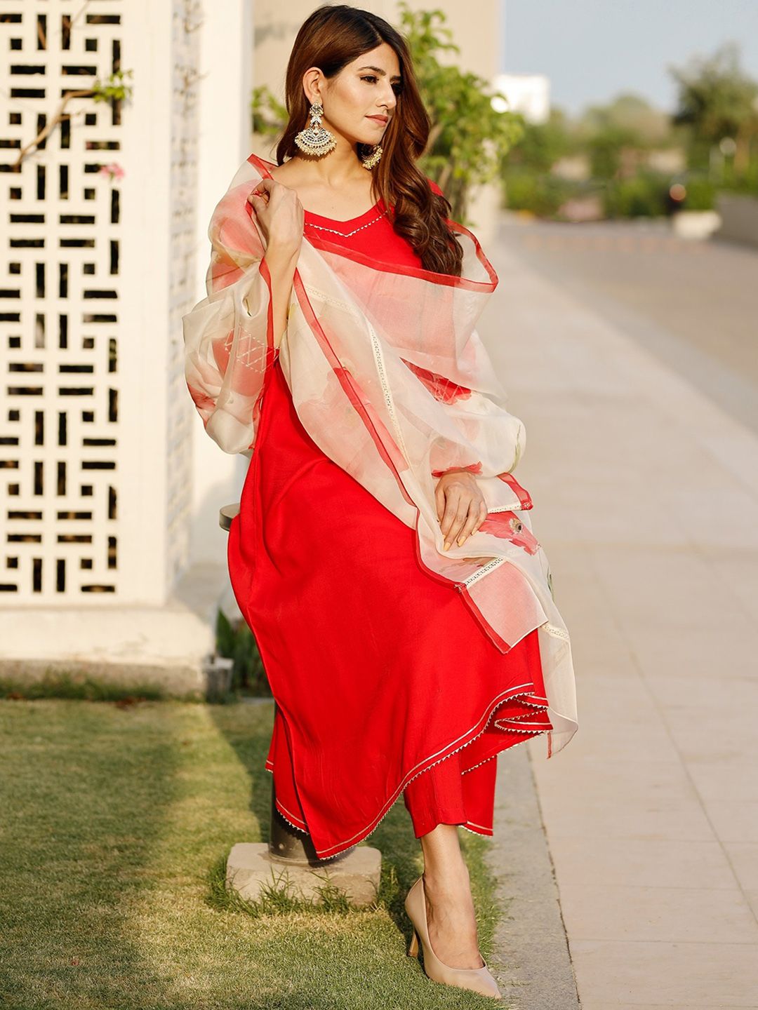 PHEETA Women Red Gotta Patti Kurta with Trousers & With Dupatta Price in India