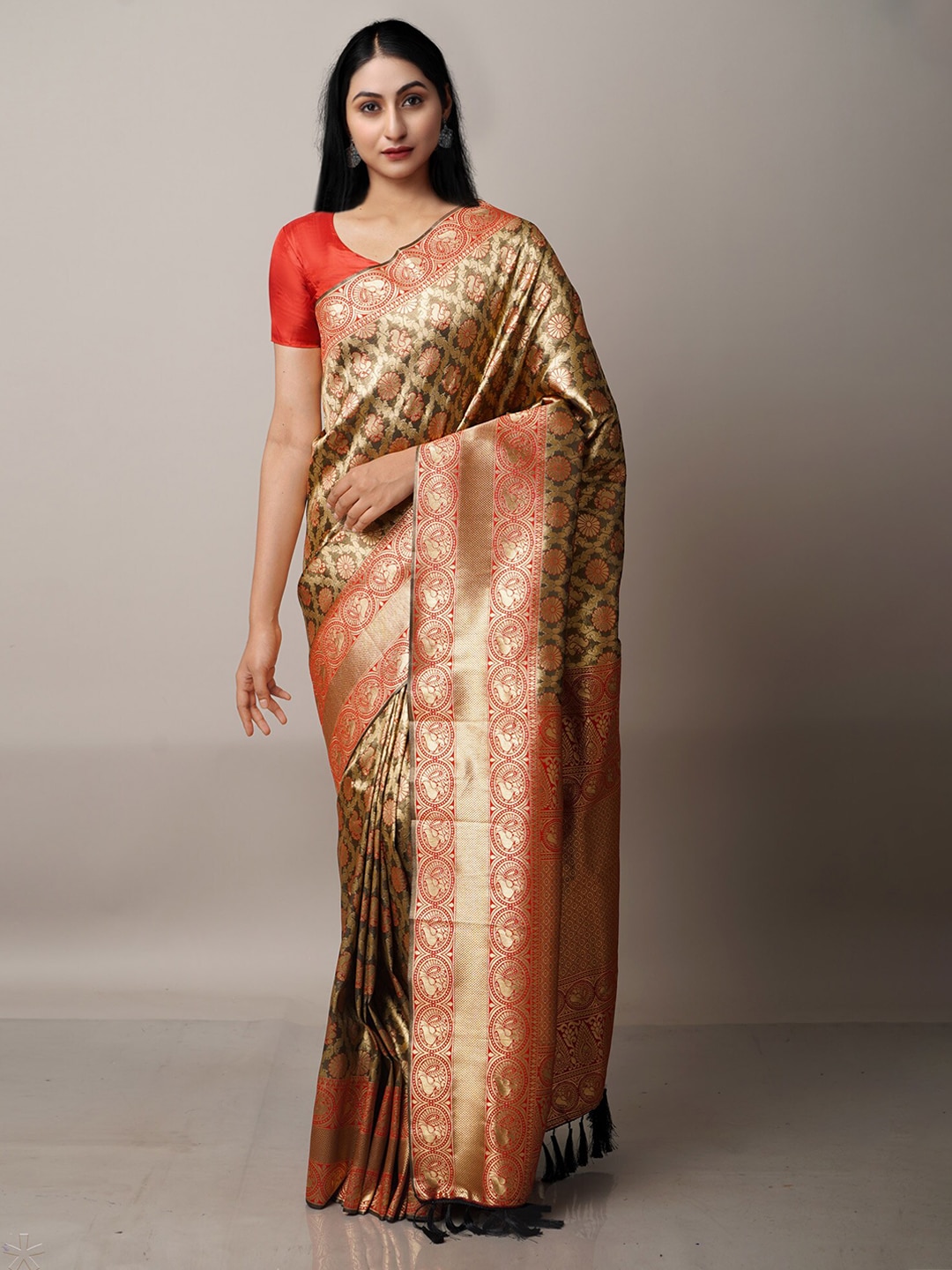 Unnati Silks Black & Green Woven Design Zari Silk Blend Banarasi Saree Price in India