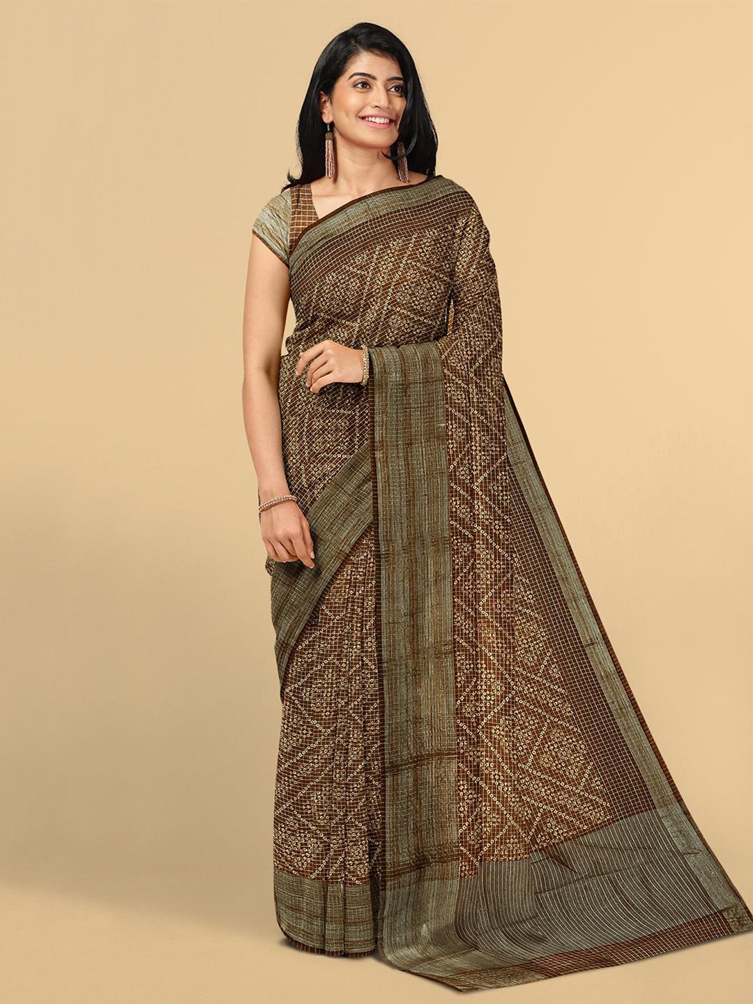Kalamandir Rust & Green Bandhani Zari Silk Blend Saree Price in India