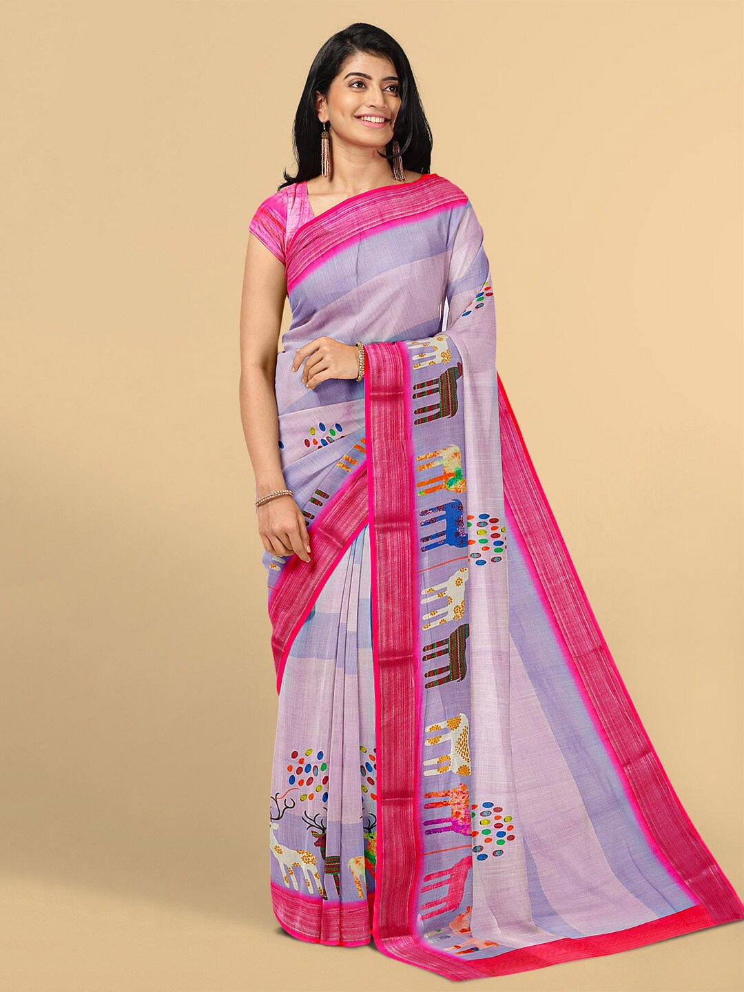 Kalamandir Lavender & Pink Linen Blend Printed Saree Price in India