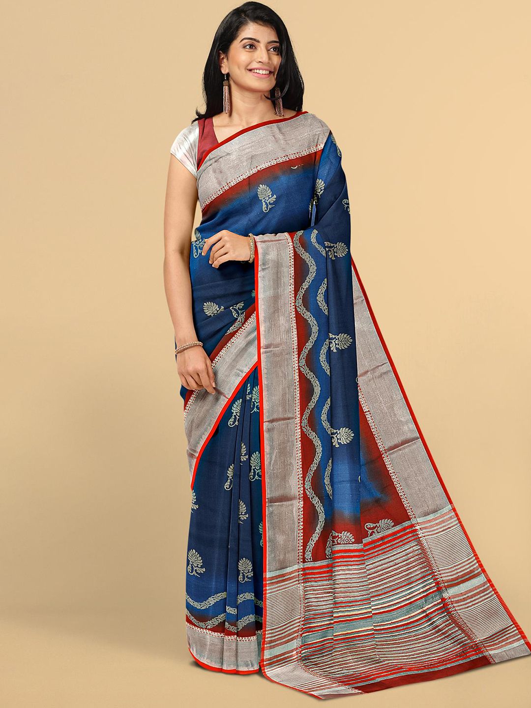 Kalamandir Navy Blue & Maroon Ethnic Motifs Zari Silk Blend Saree Price in India