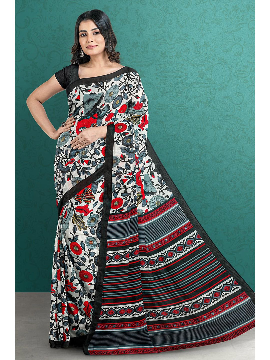 Kalamandir White & Black Floral Silk Blend Saree Price in India