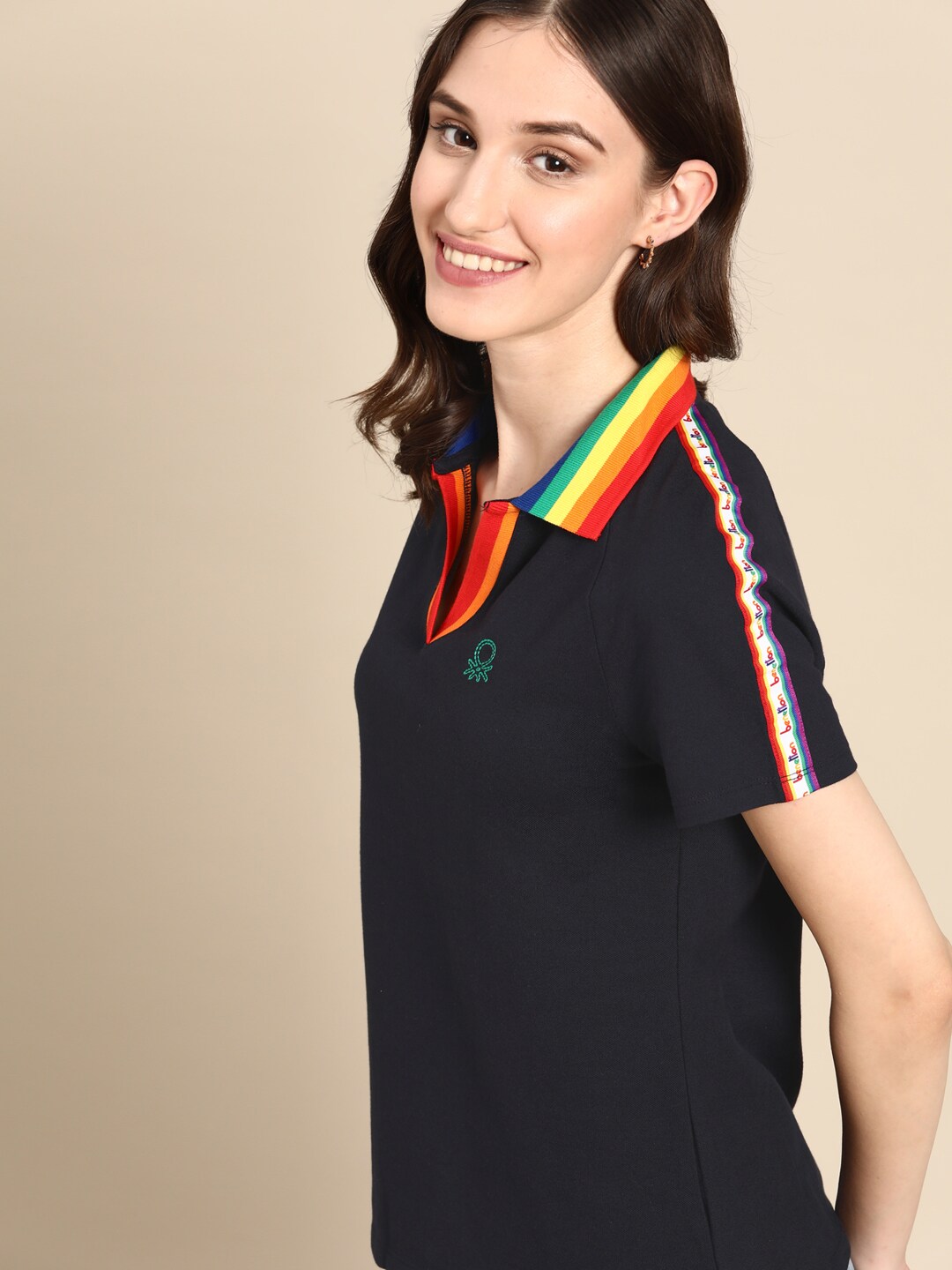 United Colors of Benetton Women Navy Blue Solid Polo Collar T-shirt Price in India