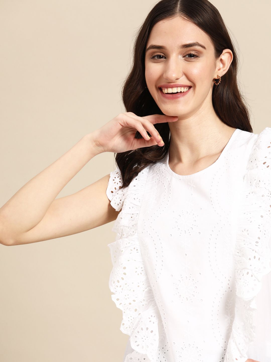 United Colors of Benetton White Pure Cotton Schiffli Embroidered Ruffles Top Price in India