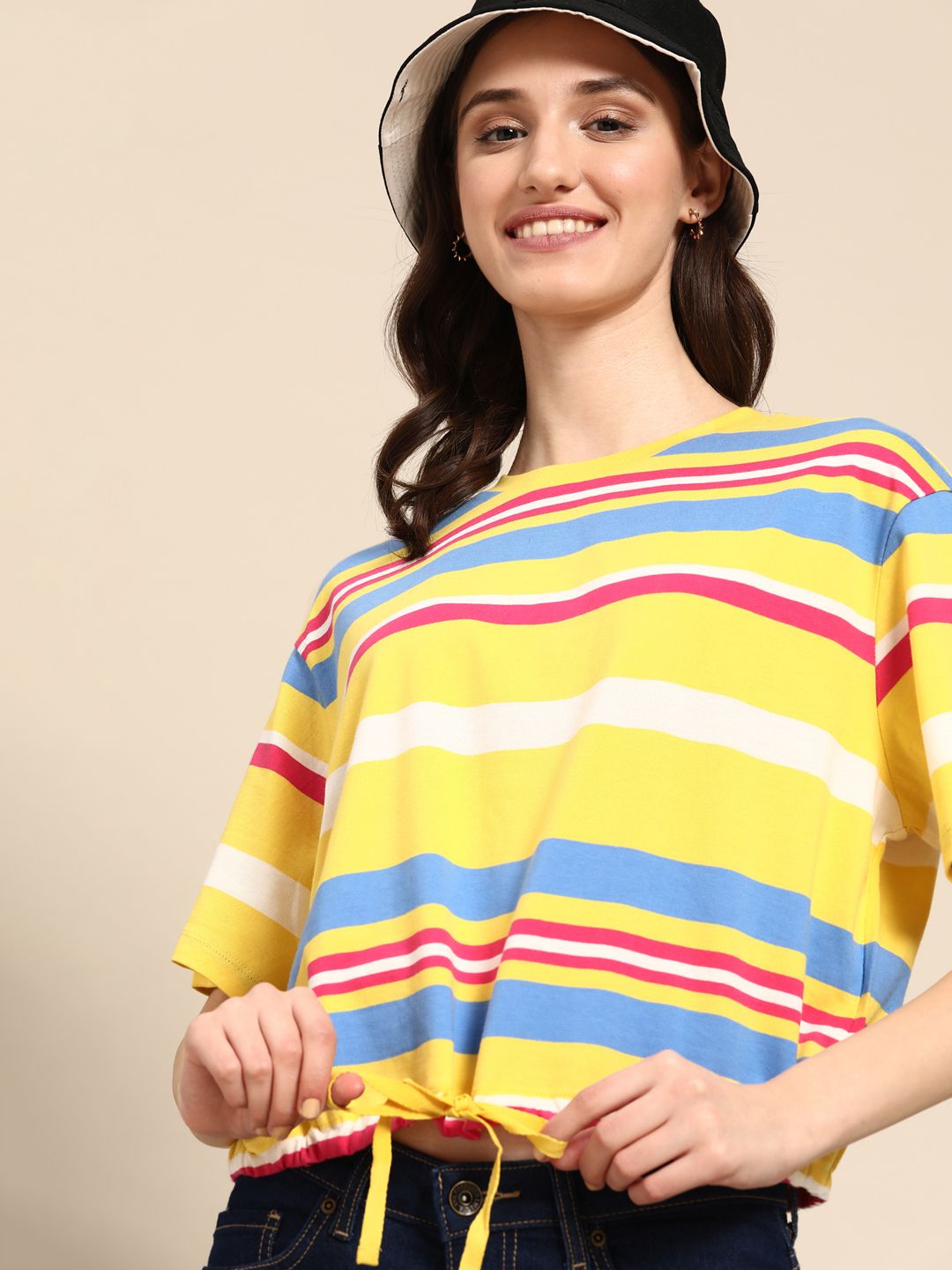 United Colors of Benetton Yellow & Blue Pure Cotton Striped Top Price in India