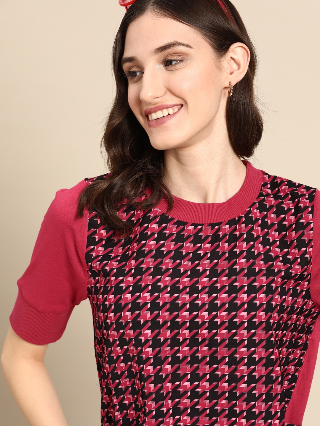 United Colors of Benetton Pink & Black Geometric Print Blouson Top Price in India