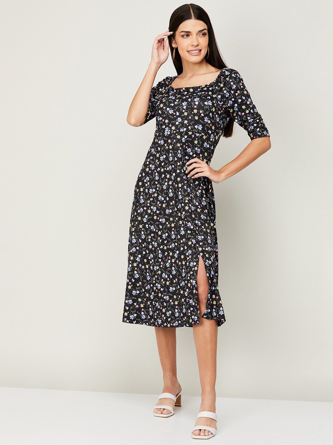 CODE by Lifestyle Black Floral A-Line Midi Dress Price in India
