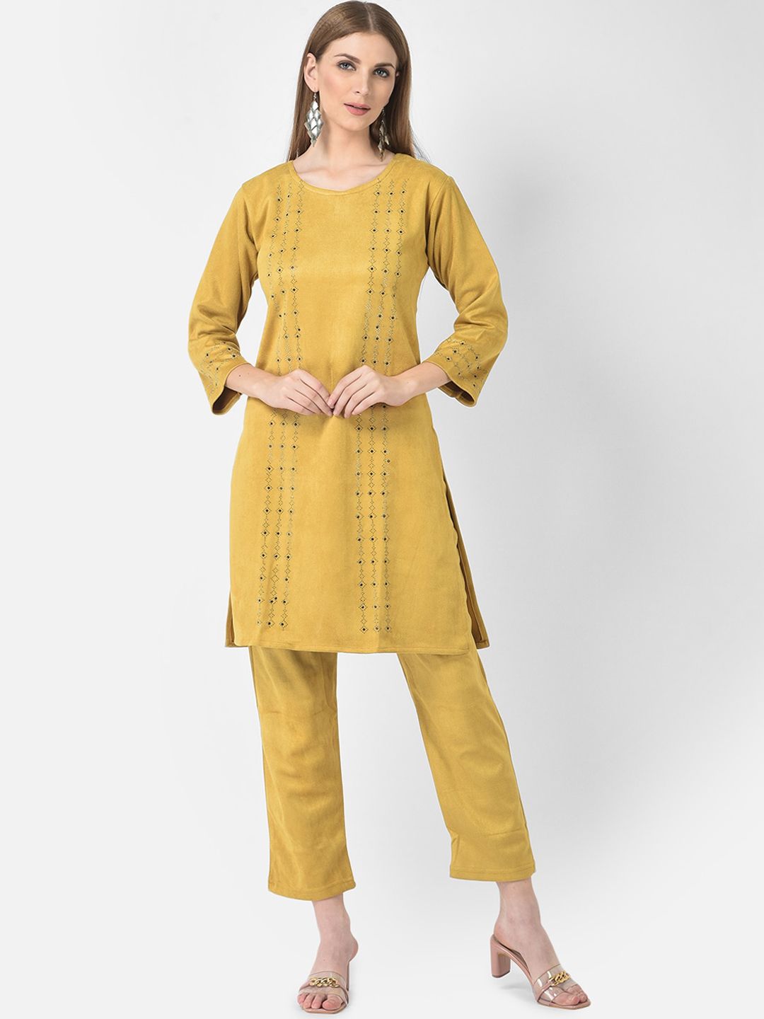 FNOCKS Women Yellow Sequinned Velvet Kurta with Palazzos Price in India