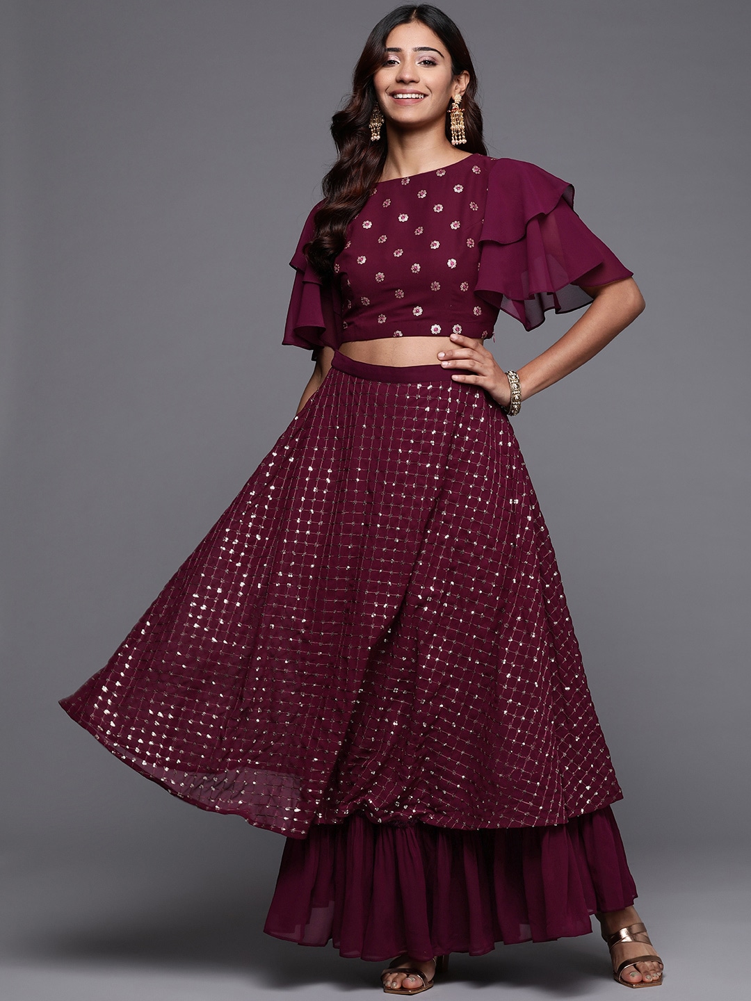 Libas Burgundy Embroidered Sequinned Ready to Wear Lehenga Choli Price in India