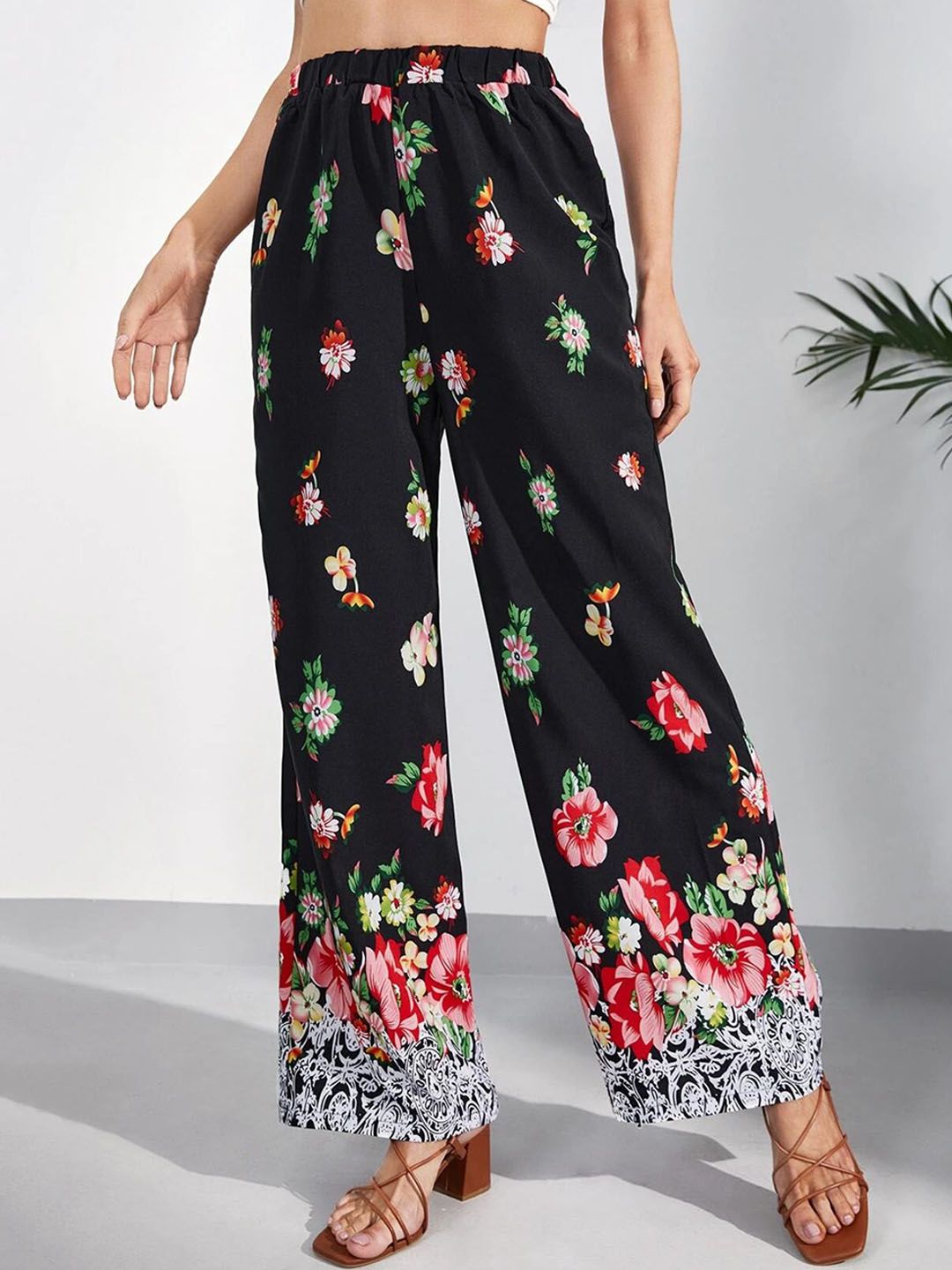 Kotty Women Multicoloured Floral Printed Relaxed Straight Fit High-Rise Easy Wash Trousers Price in India