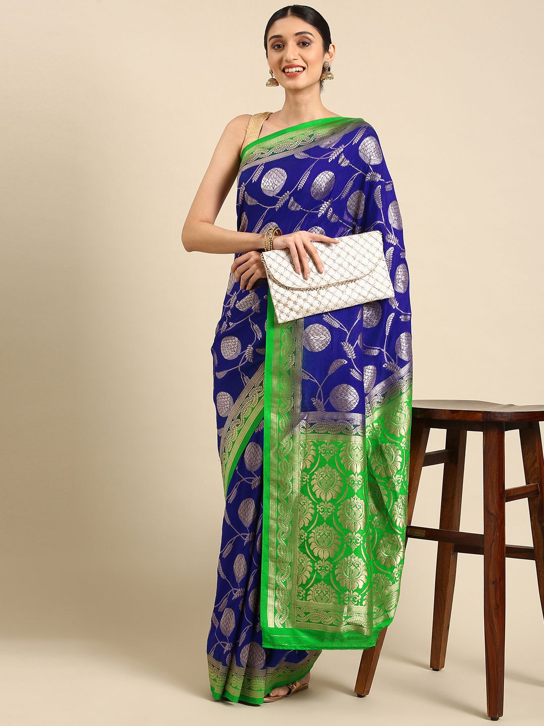 SHARAA ETHNICA Blue & Golden Woven Design Pure Silk Kanjeevaram Saree Price in India