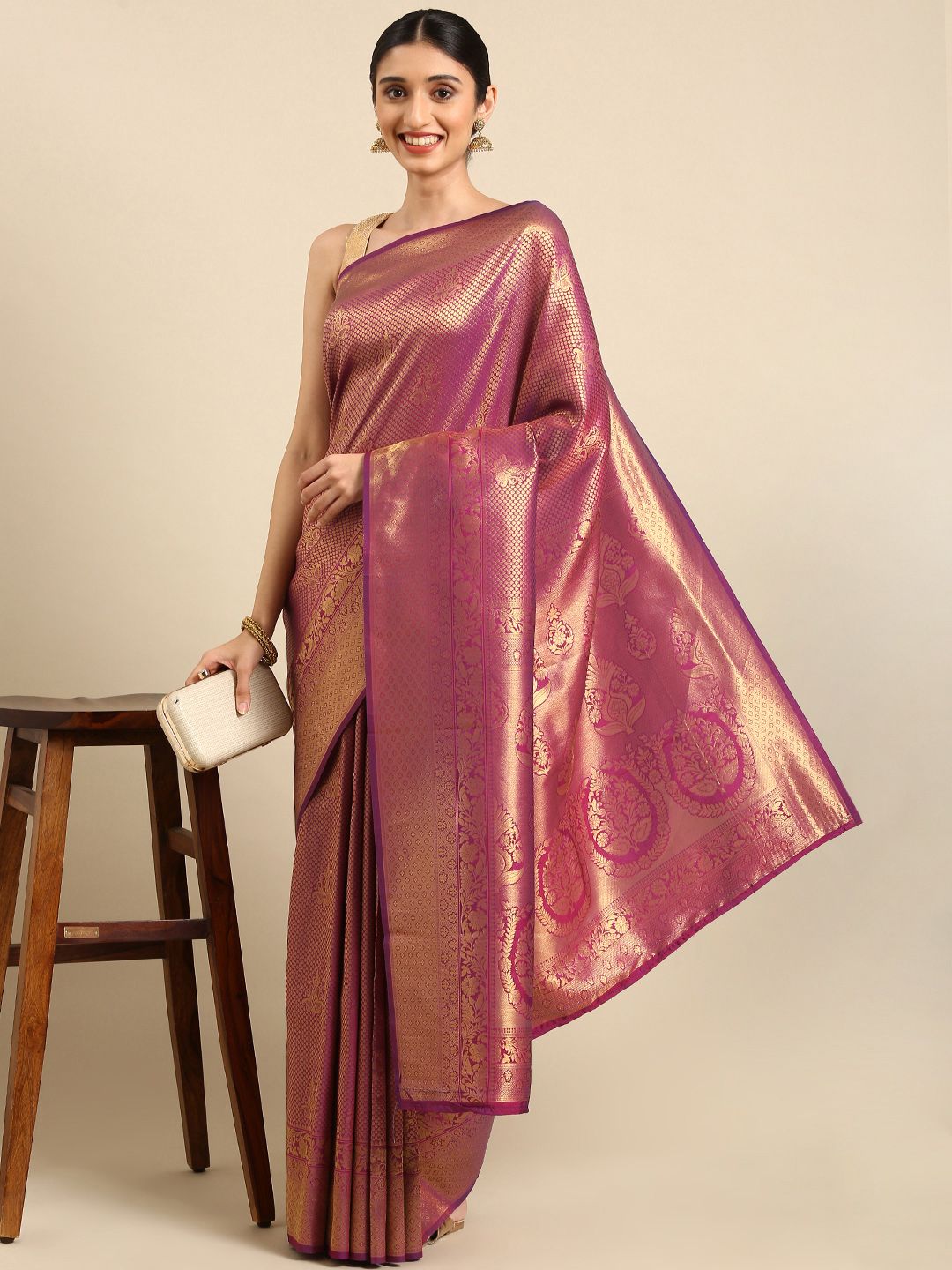 SHARAA ETHNICA Pink & Golden Woven Design Pure Silk Kanjeevaram Saree Price in India