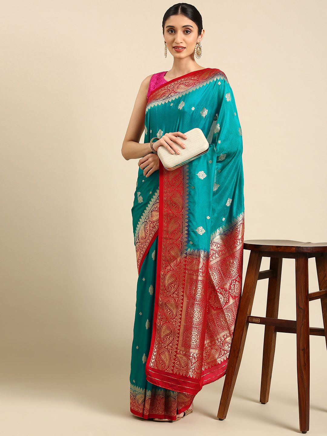 SHARAA ETHNICA Turquoise Blue Woven Design Pure Silk Kanjeevaram Saree Price in India