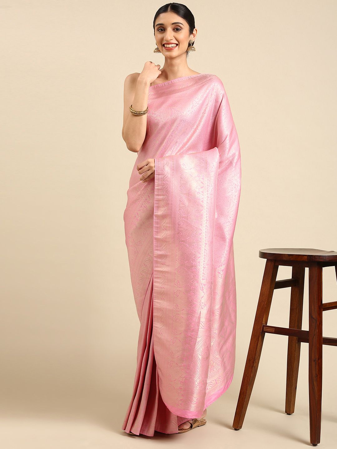 SHARAA ETHNICA Pink Woven Design Pure Silk Kanjeevaram Saree Price in India
