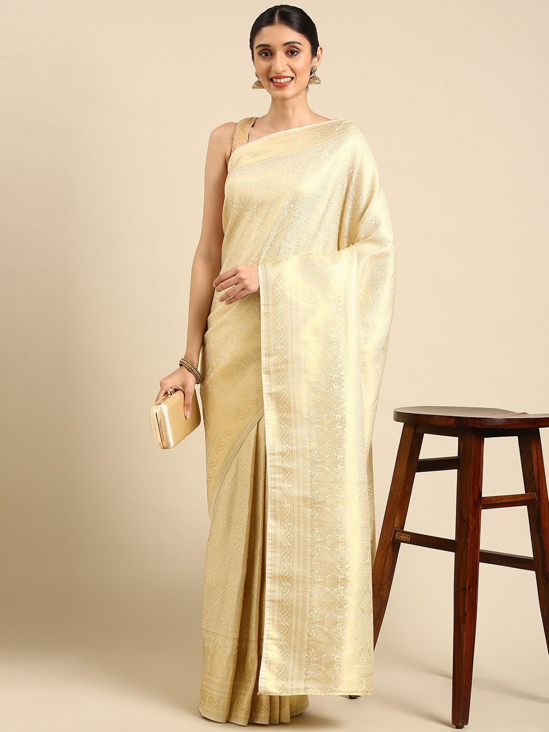 SHARAA ETHNICA Cream-Coloured Woven Design Pure Silk Kanjeevaram Saree Price in India